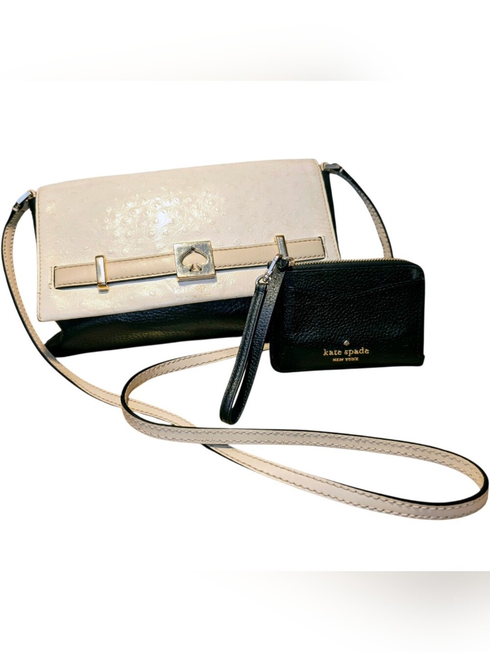 KATE SPADE "Houston" Faux Ostrich Crossbody  Purse & KS Logo Blk Card Holder